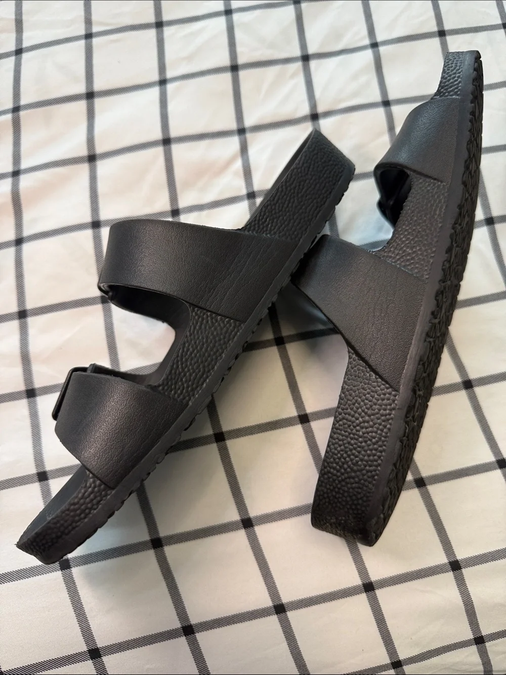 Women's Double-Strap Black Slide Sandals with Adjustable Buckles